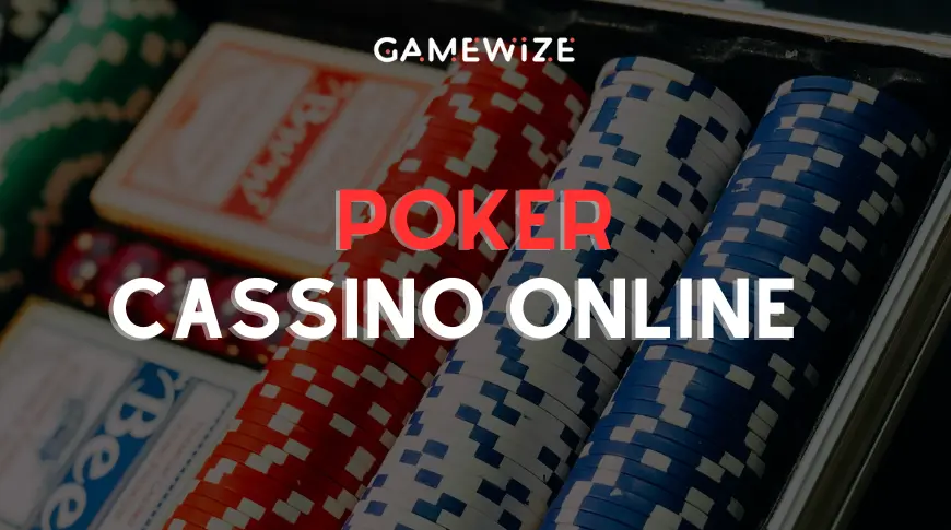 Imagem de fichas e cartas de poker escrito Poker Cassino Online