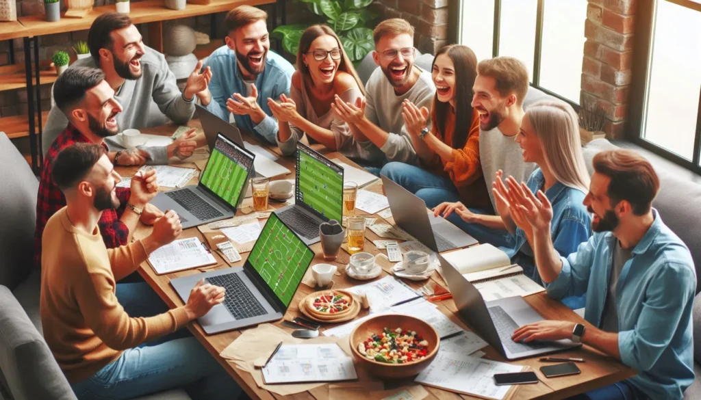 Foto de um grupo de pessoas jovens que sabem como funciona o sistema de apostas online com notebooks mostrando partidas esportivas, celulares e relatórios impressos espalhados por uma mesa de madeira em formato retangular. A imagem foi desenvolvida por inteligência artificial.